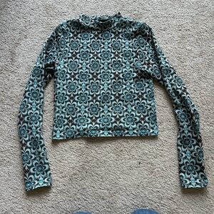 stradivarius Teal and Black Floral Long-Sleeve Crop Top